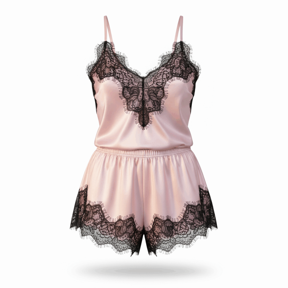 Pijama de satén con encaje – color rosa pastel